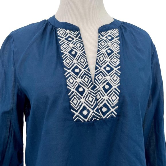 Pure Collection SZ Small Embroidered Top Cotton Solid Navy Blue Mandarin Collar - Picture 2 of 6